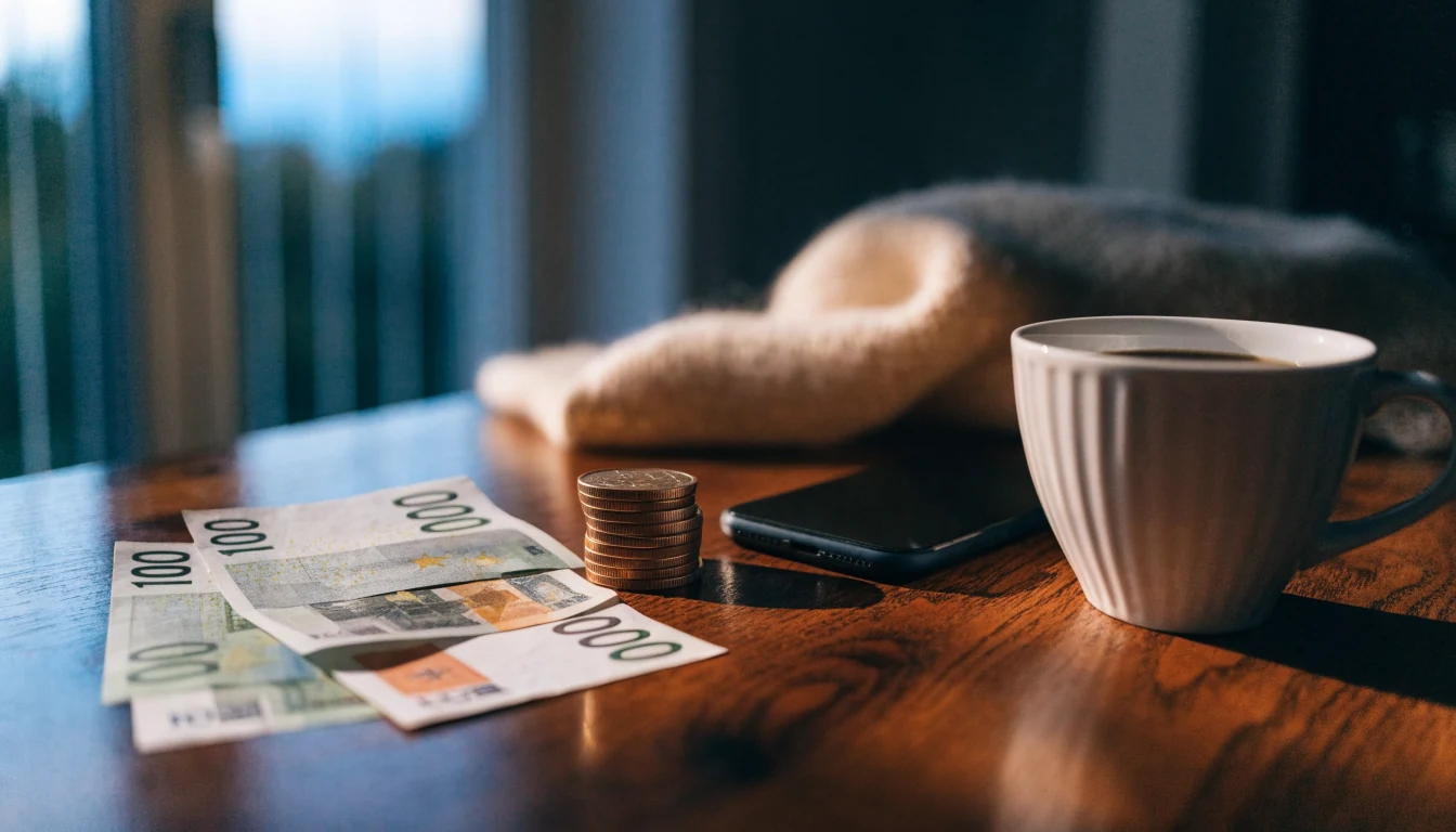 Euro sedlar och svenska kronor på ett träbord med en mobiltelefon