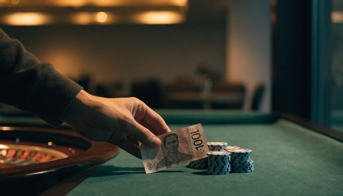 Svensk casinomiljö med roulette, marker och en hundrakronorssedel på bordet