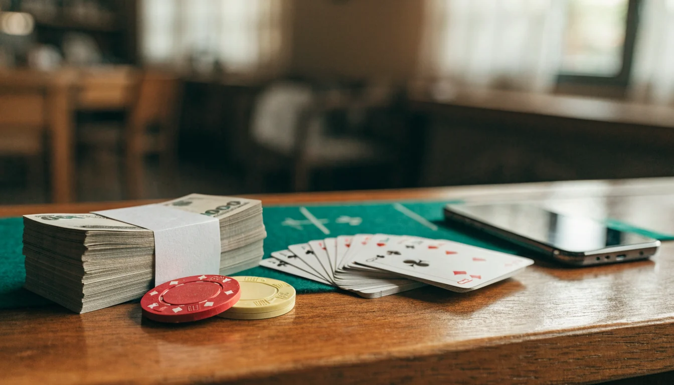 Svenska kronor sedlar, casinotillbehör och en mobiltelefon med skärmen nedåtvänd på ett skrivbord.
