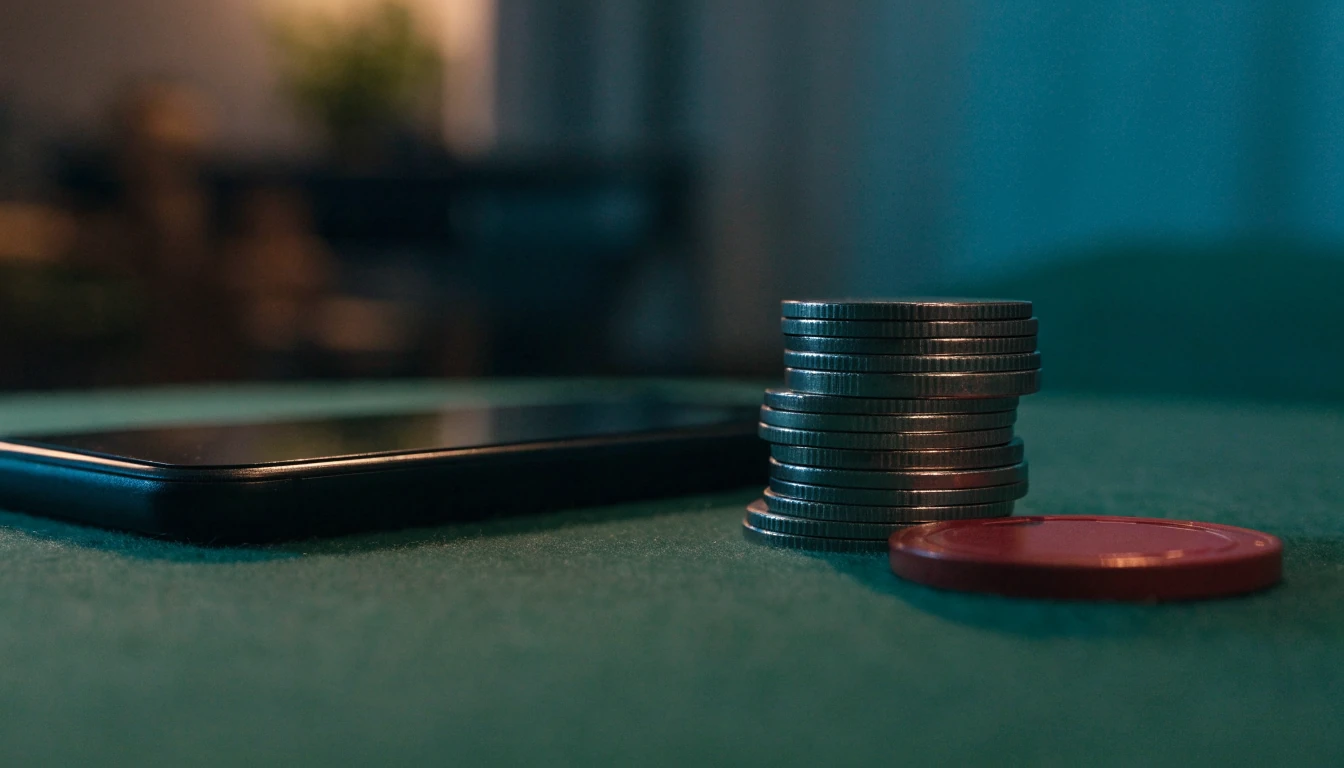 Svenska tjugoenkronors mynt och en röd casinospelmark bredvid en nedåtvänd mobiltelefon