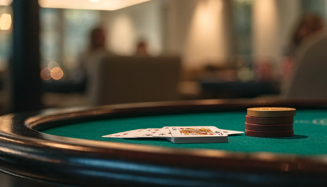 Blackjack-bord med kort och marker i elegant svensk casinomiljö