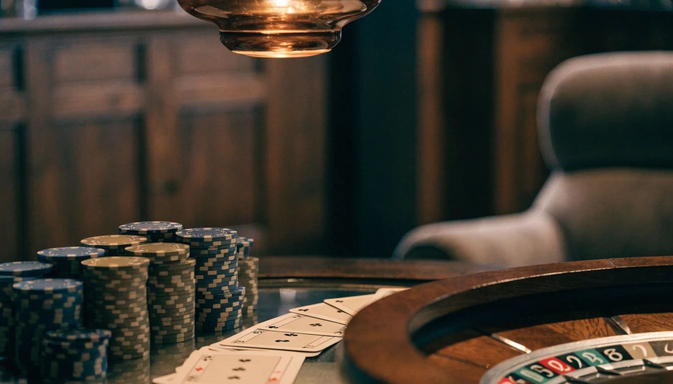 Elegant casinobord med marker, spelkort och roulette i modern nordisk stil