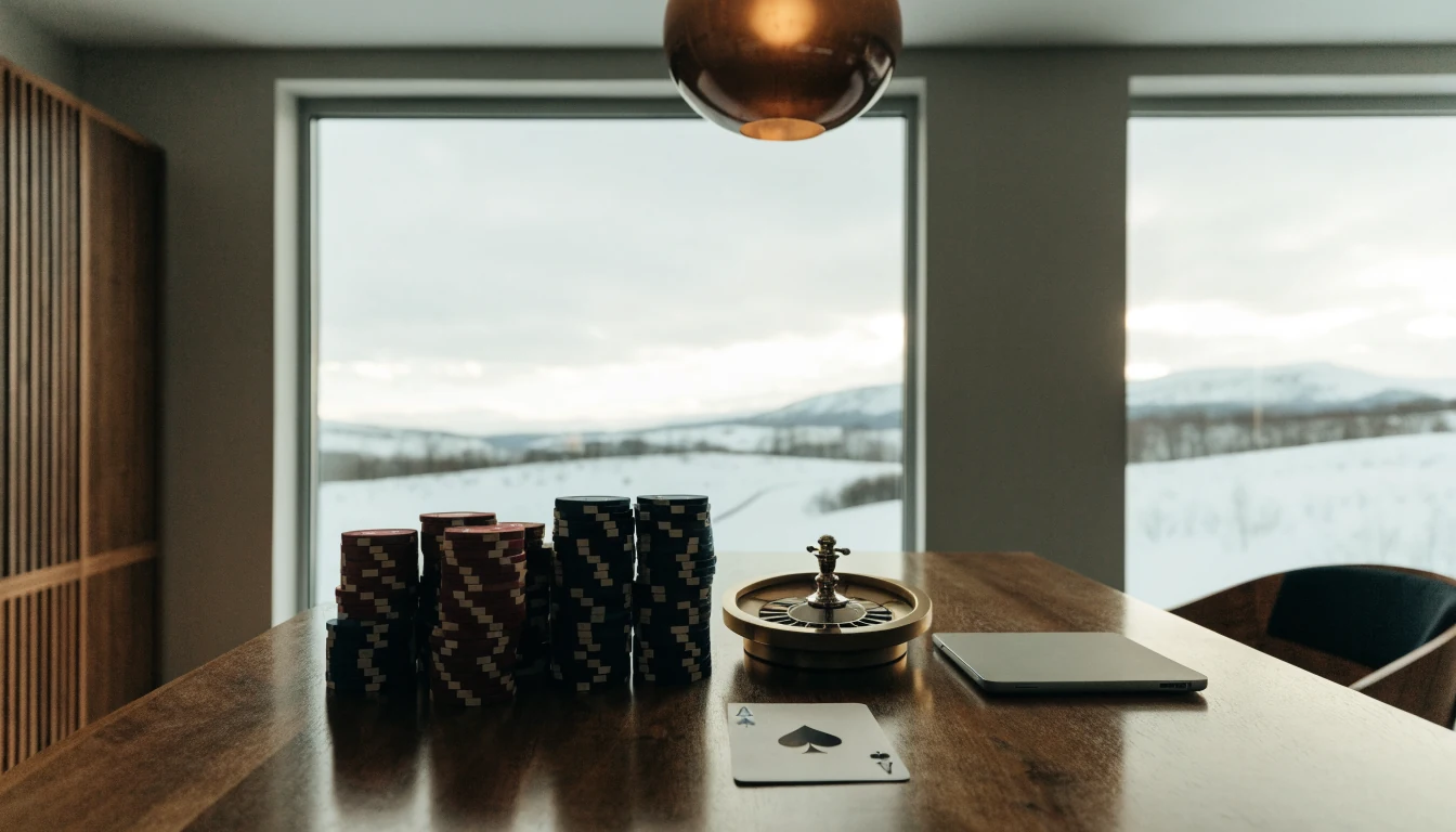 Casinomarker, spelkort och roulette på ett elegant bord i skandinavisk inredning
