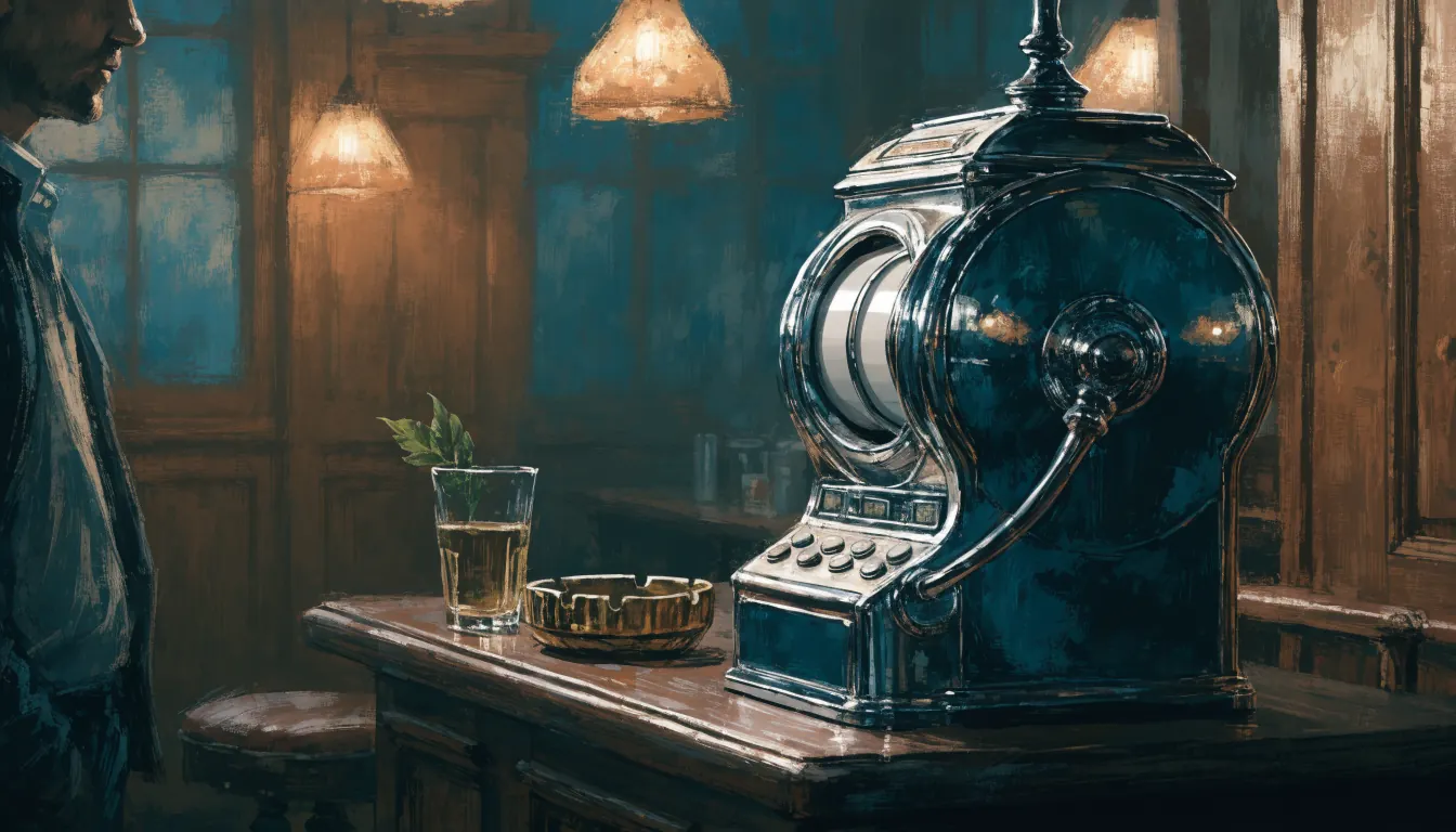 Stiliserad illustration av en klassisk mekanisk spelautomat i en mysig traditionell svensk pub med varm belysning.