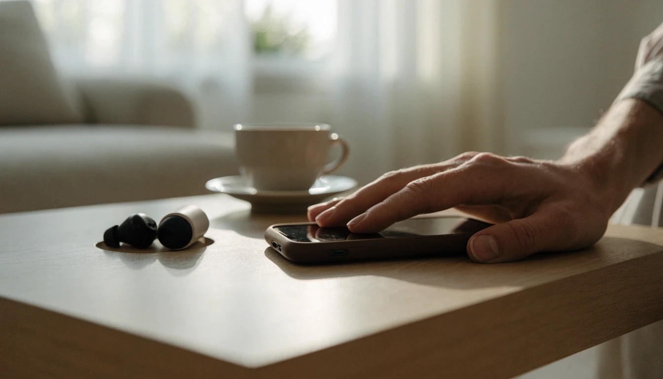 Hand som håller en smartphone i en minimalistisk svensk vardagsrumsmiljö