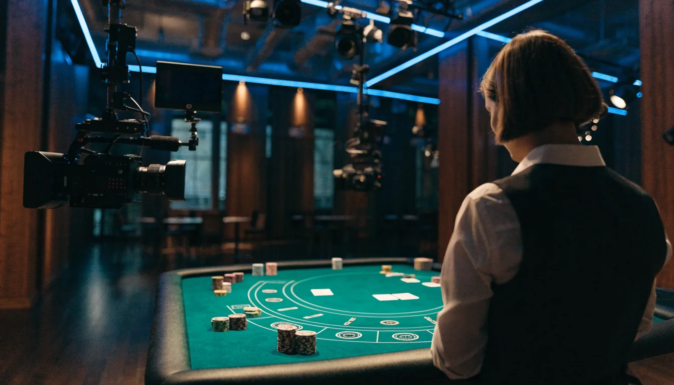 Professionell live dealer-studio med blackjackbord, sändningskameror och casinoklassisk belysning