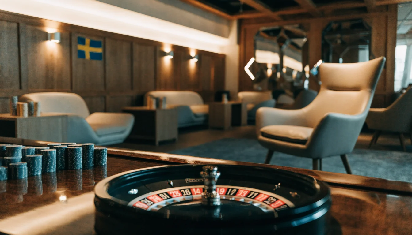 Elegant skandinavisk casinomiljö med roulettebord och marker i blått och guld