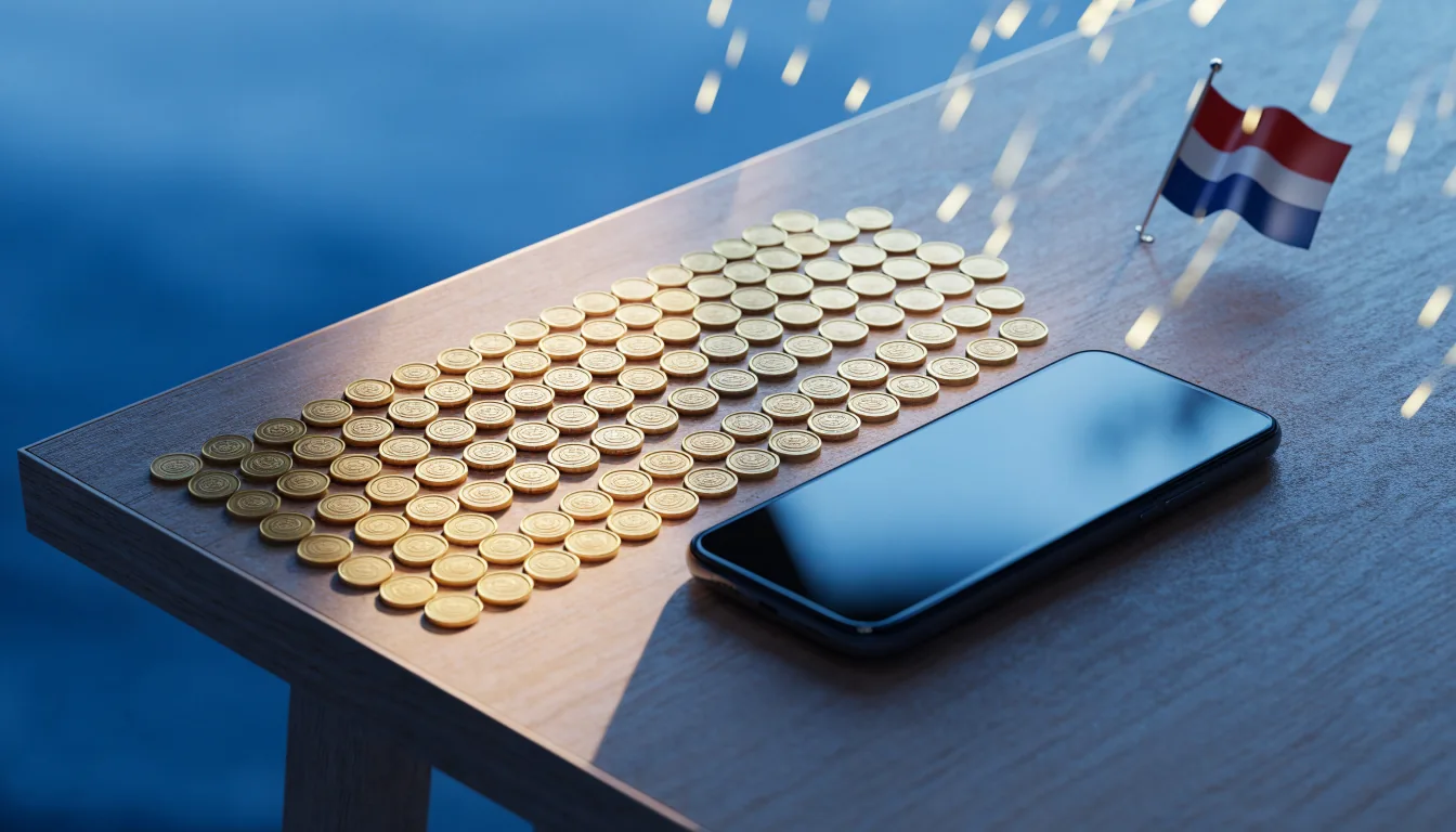 Guldtokens bredvid en vänd smartphone på ett bord, med en svensk flagga