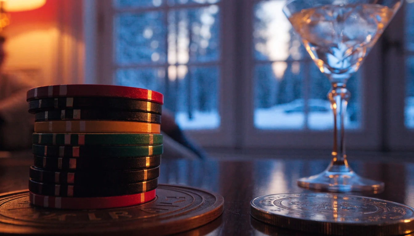Casinomarker, guldtacka och cocktailglas på mahognybord med svensk vinterutsikt