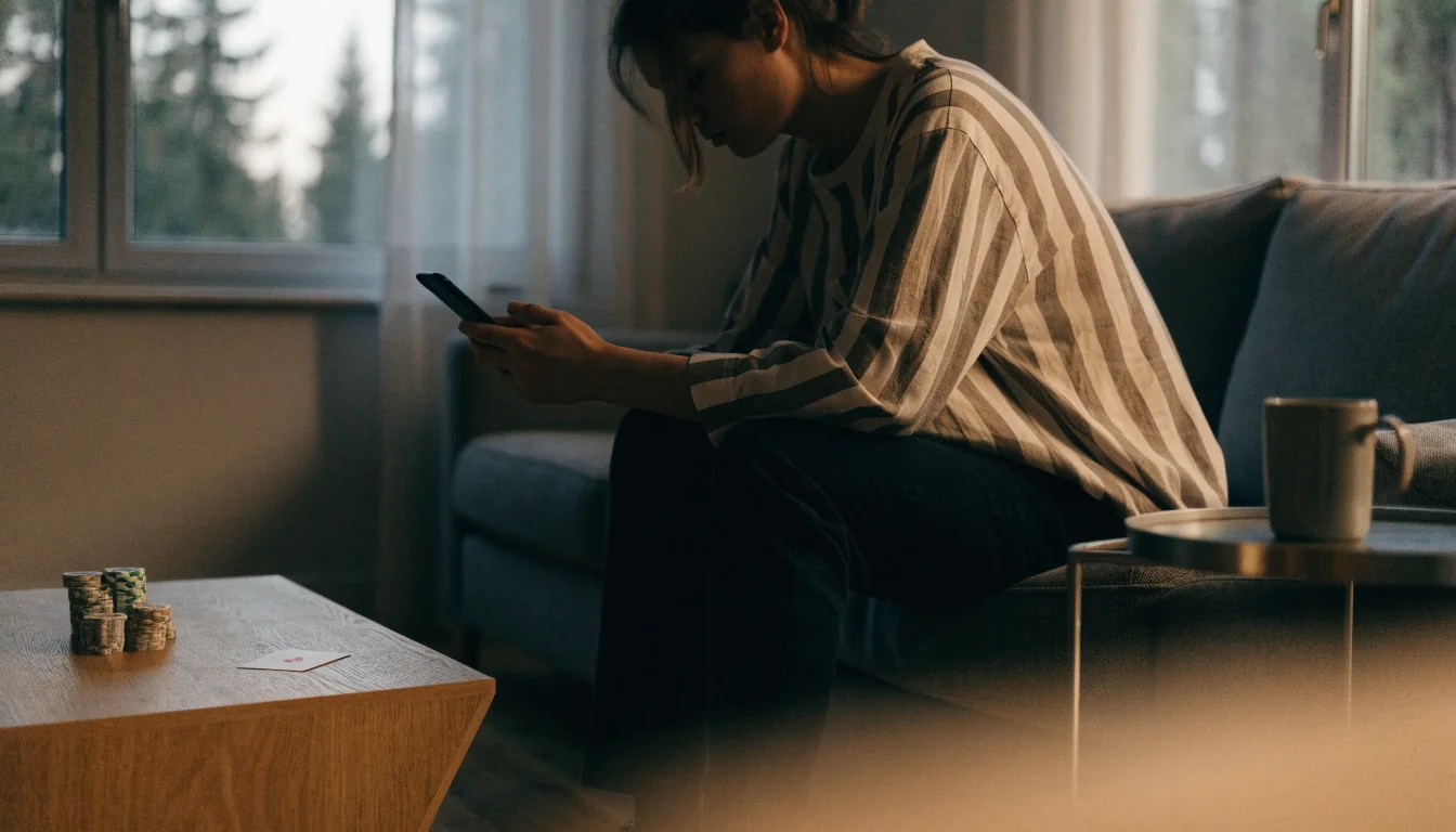 Avslappnad stund i modernt svenskt vardagsrum med mobil och casinotillbehör