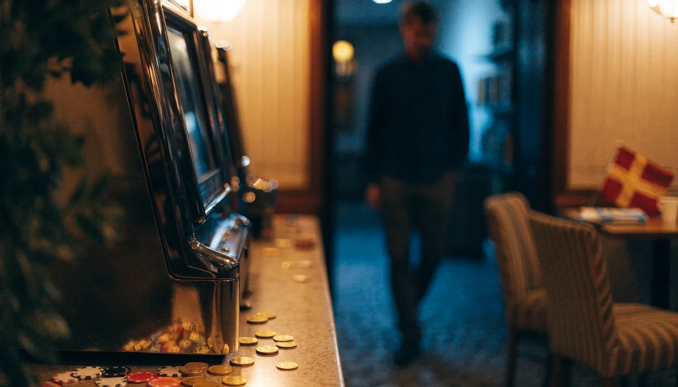 En stiliserad bild av en spelautomat i en skandinavisk lobby med mynt och marker