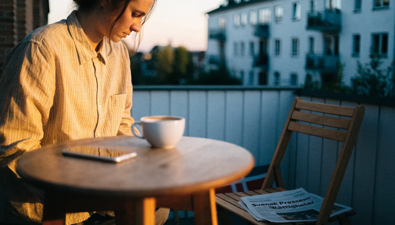 Svensk person med smartphone ansiktet nedåt på balkong
