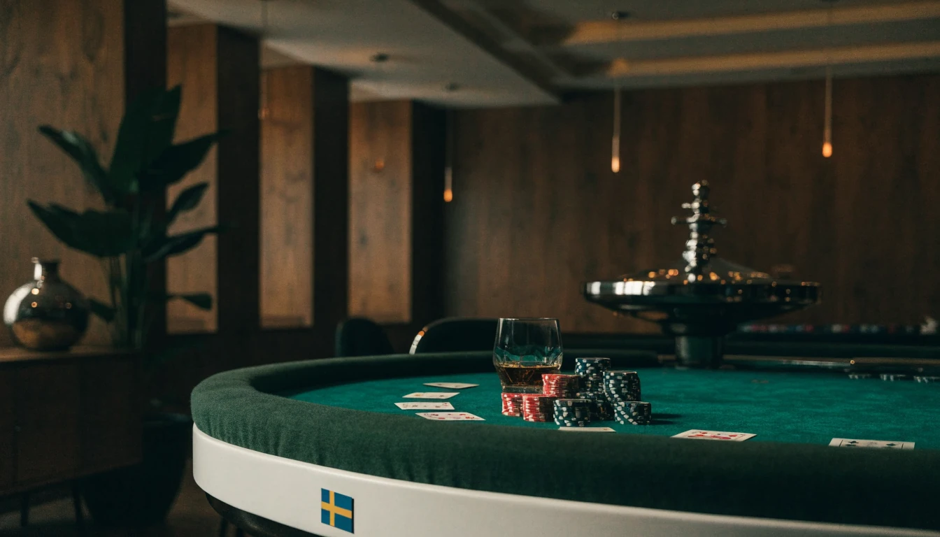 Elegant casinobord med marker, spelkort och roulette i modern skandinavisk inredning