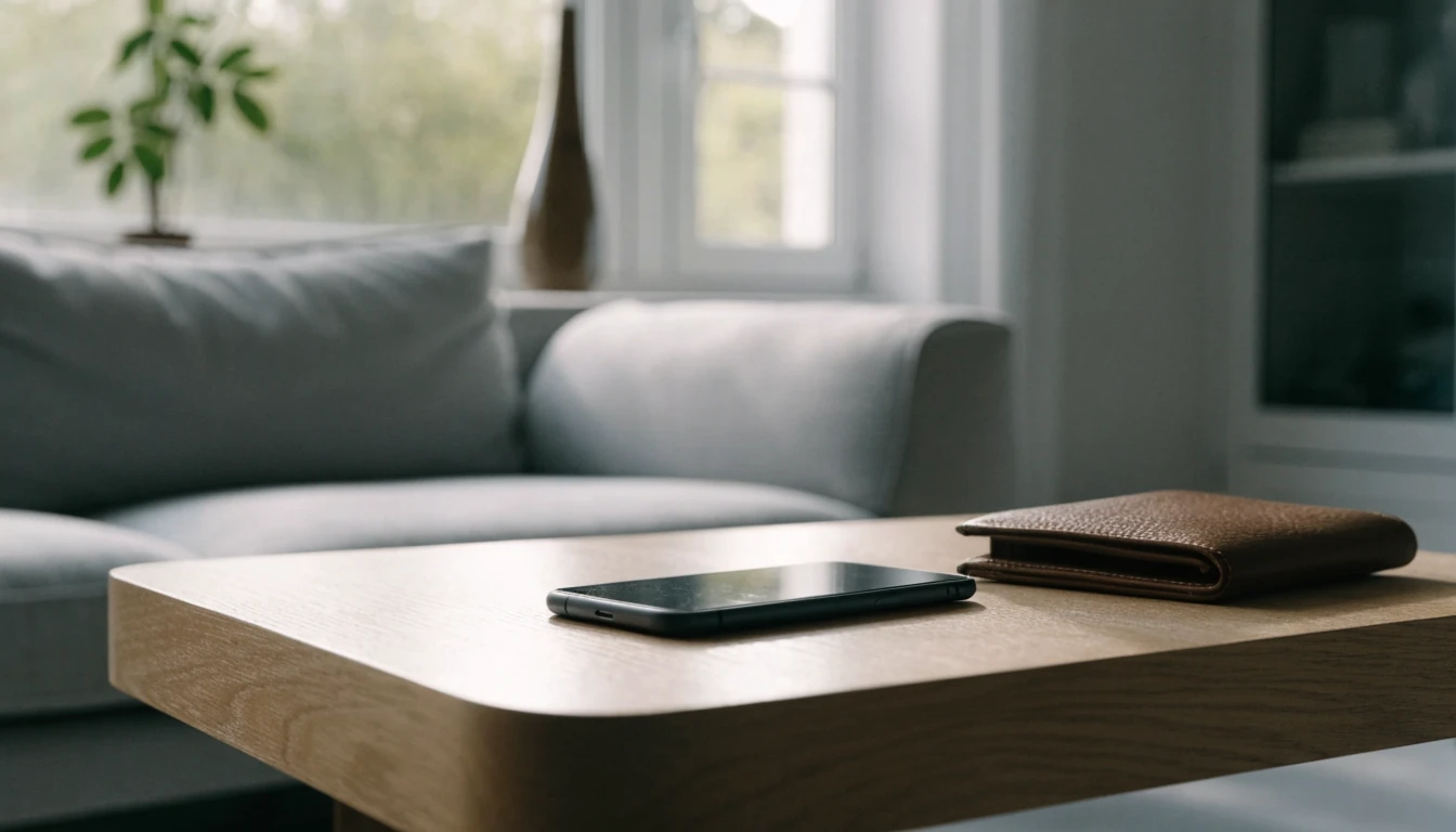 Telefon och plånbok på soffbord i svensk hemmiljö