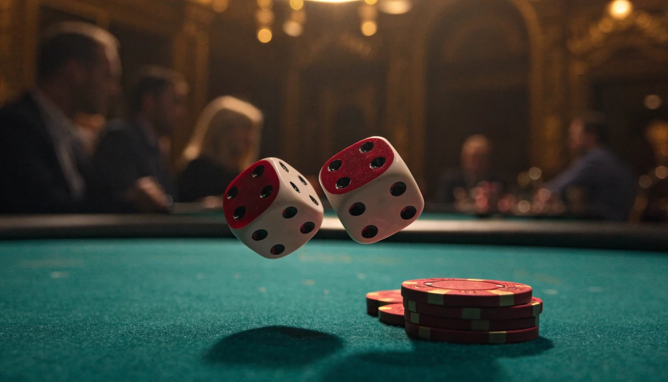 Tärningar och casinofigurer på grönt craps-bord
