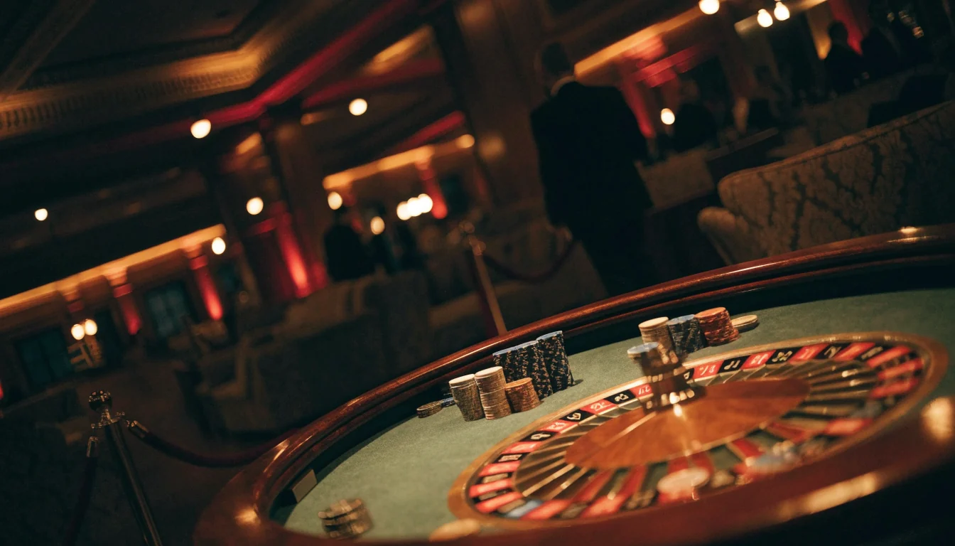 Elegant casinolokal med roulettebord och guldbelysning i Sverige