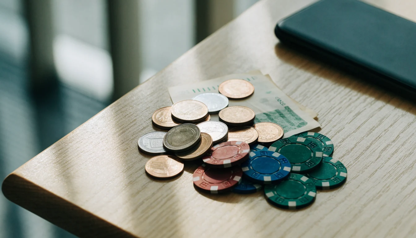 Svenska kronor och casinofärgade marker på ett ljust nordiskt träbord