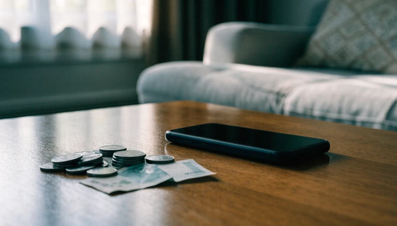 Svenska kronor och stängd telefon på träbord