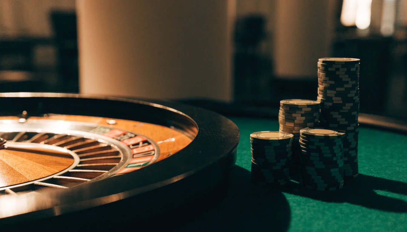 Polerat roulettehjul med casinomarker i varmt belyst lyxig casinomiljö