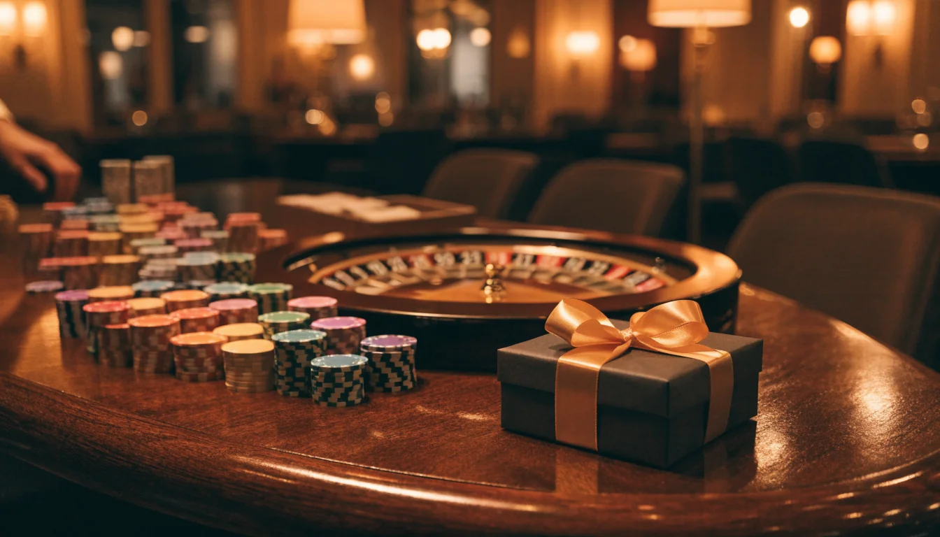Elegant casinobord med roulette, marker och en inplastad gåvobox som symboliserar välkomstbonus