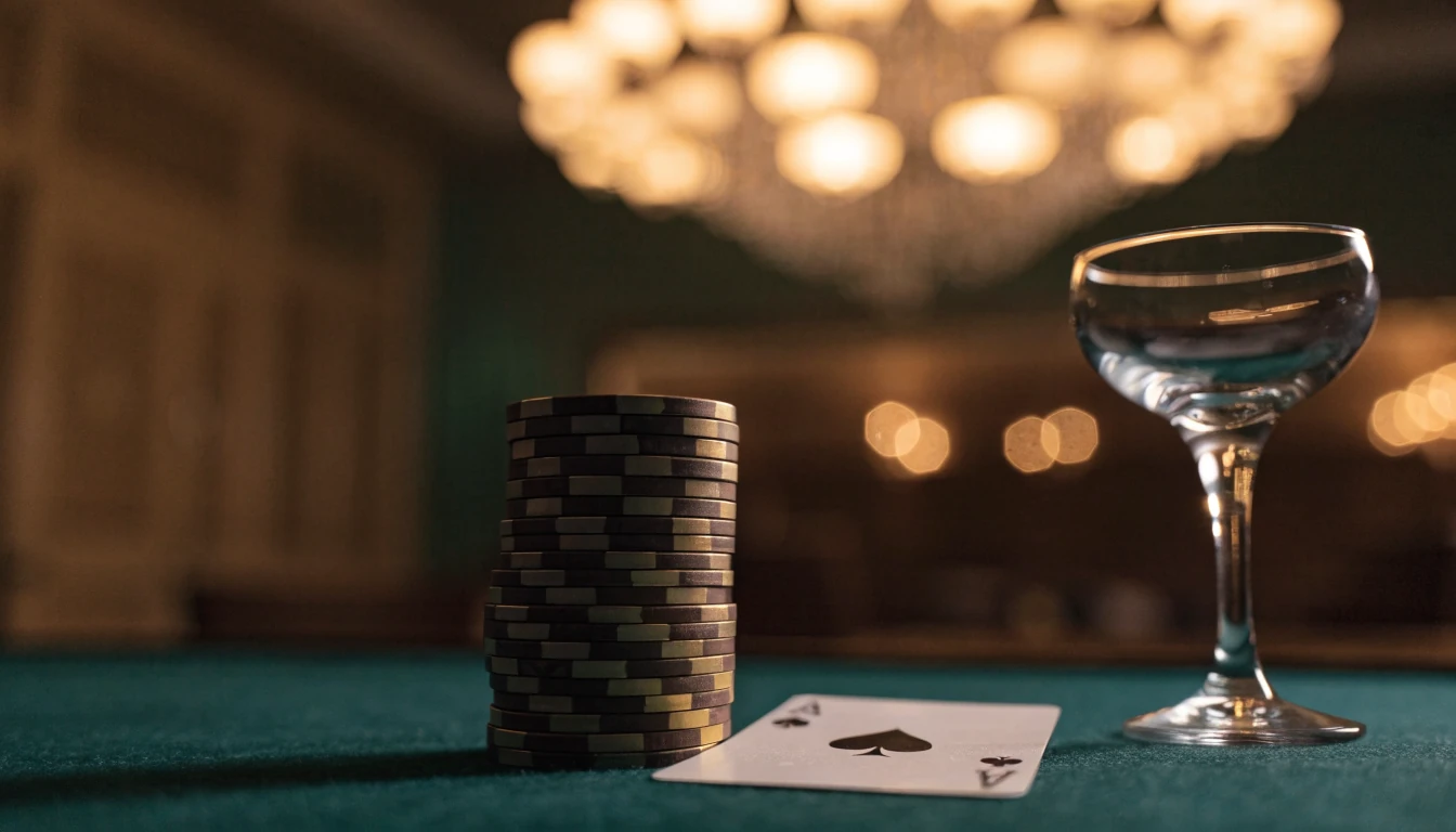 Casinomarker, ess och champagneglas på grönt filtbord