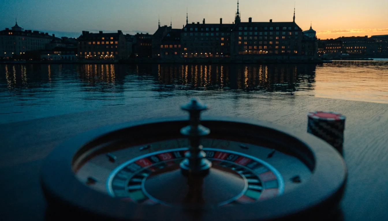 Roulettbord med marker och utsikt över Stockholms hamn i skymningen