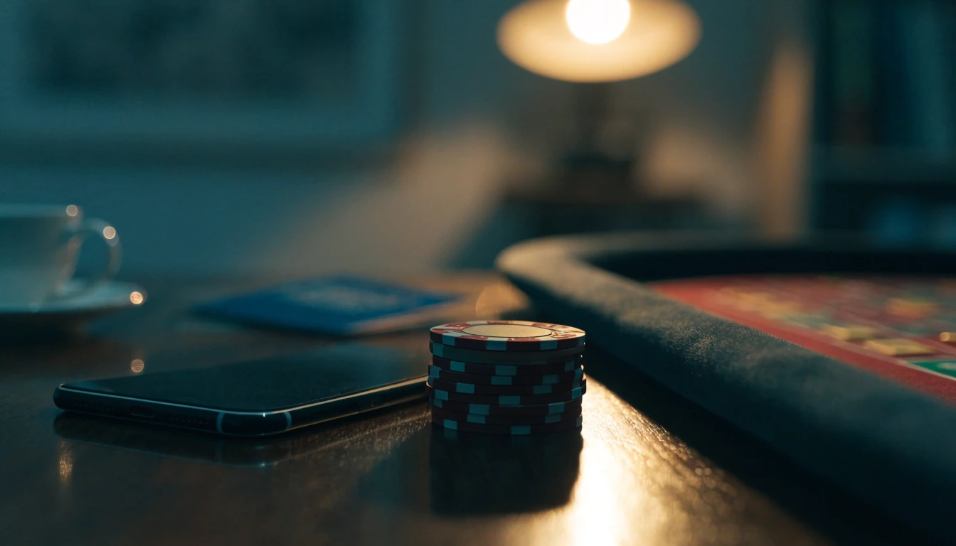 Telefon, spelmarker och roulette på ett bord