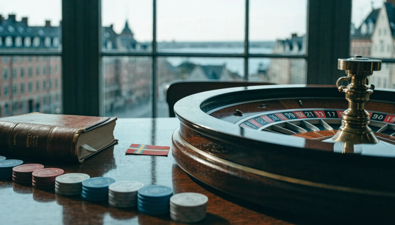 Casinochip, roulettehjul och juridisk bok på träbord med Stockholms tak i bakgrunden