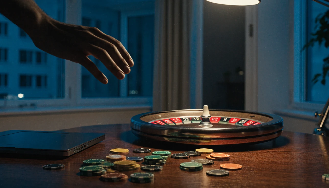 Casinomarker och roulette på bord bredvid en stängd laptop