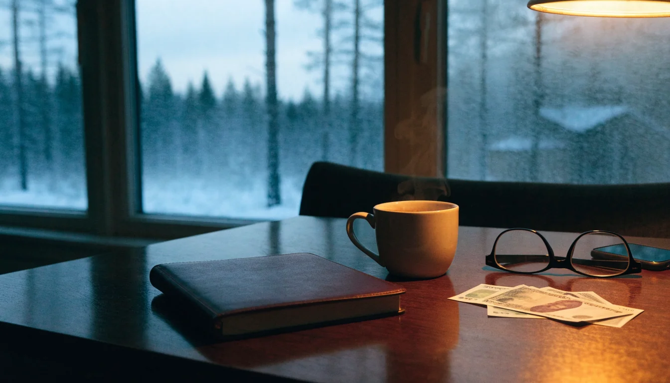 Stämningsfull interiör i svensk stuga med kaffekopp, anteckningsbok och kronorsedlar