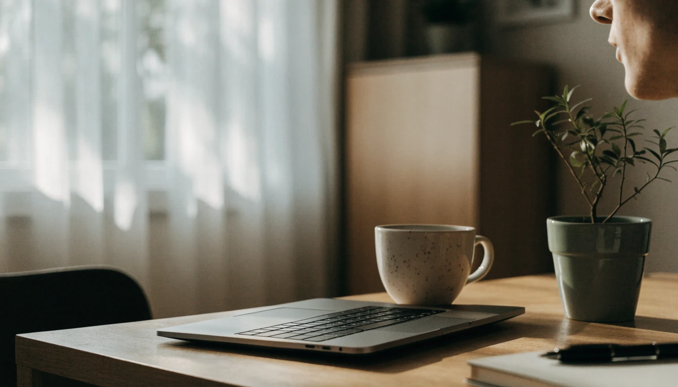 En ljus arbetsplats med bärbar dator och kaffekopp