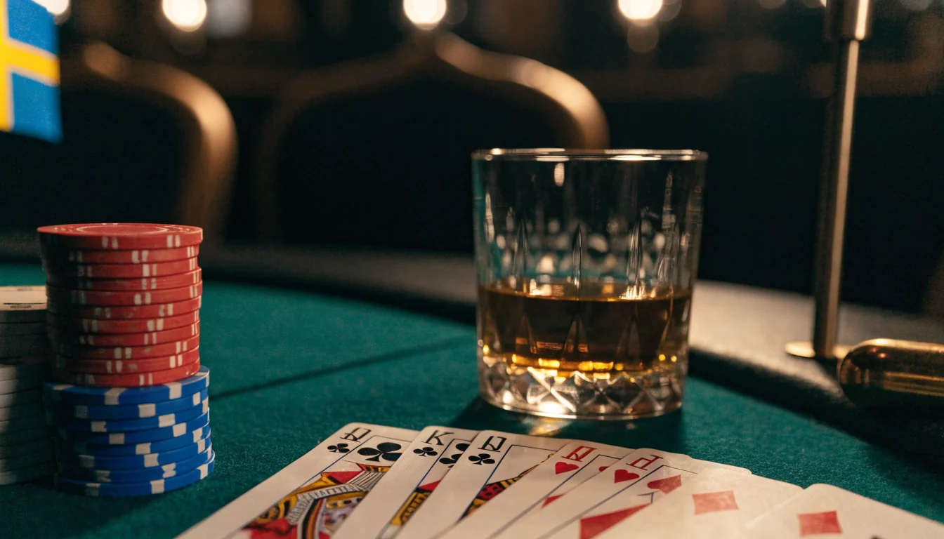 Närbild av blackjackbord med casinofigurer, spelkort och whiskyglas i elegant nordisk atmosfär