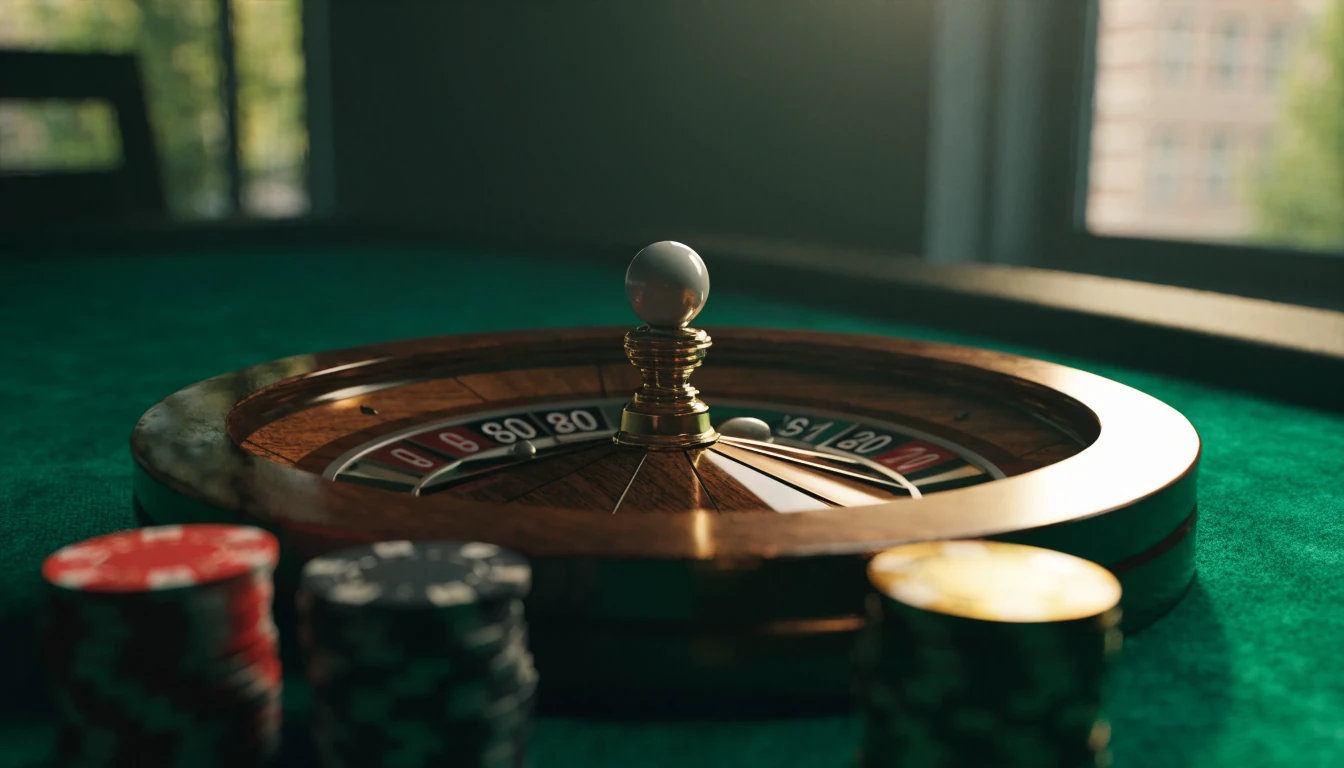 Polerat roulettehjul med färgade casinofigurer på grön filtbord