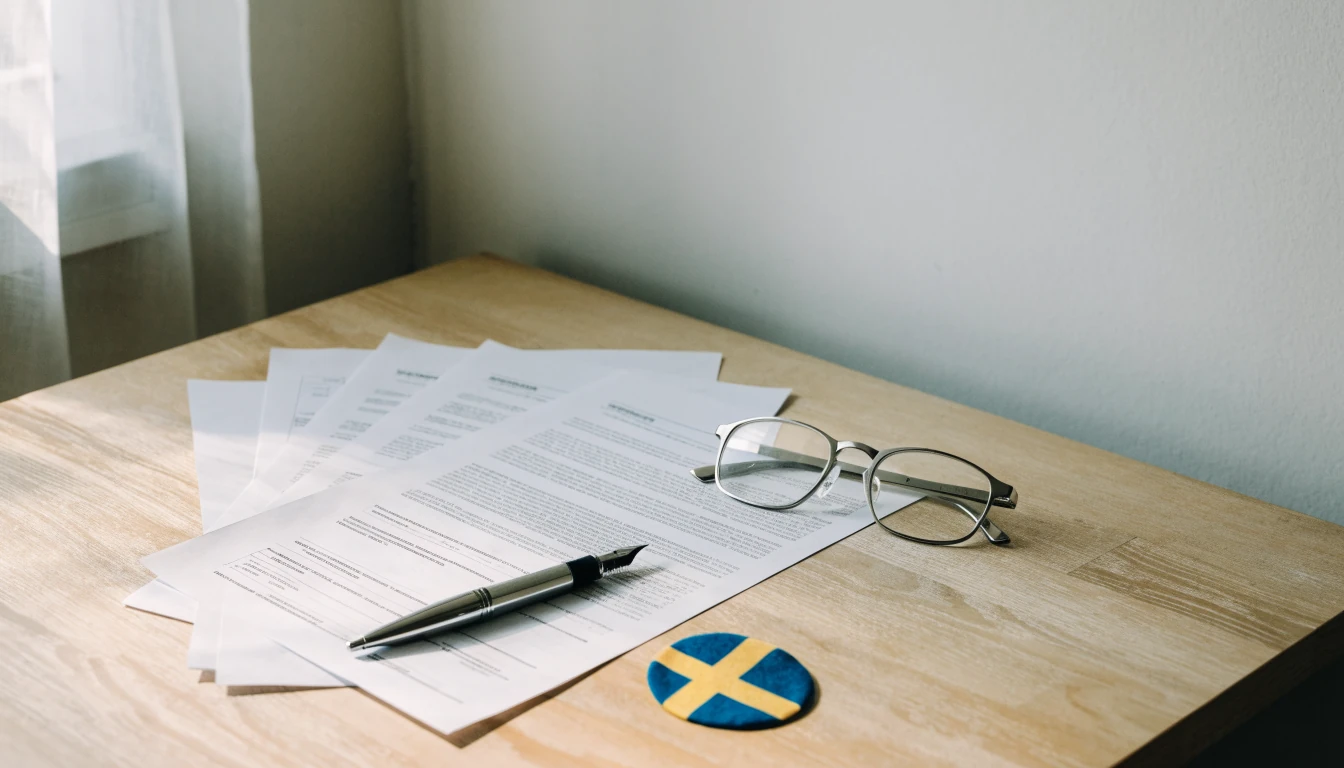 Juridiska dokument och reservoarpenna på minimalistiskt skrivbord med svensk flagga