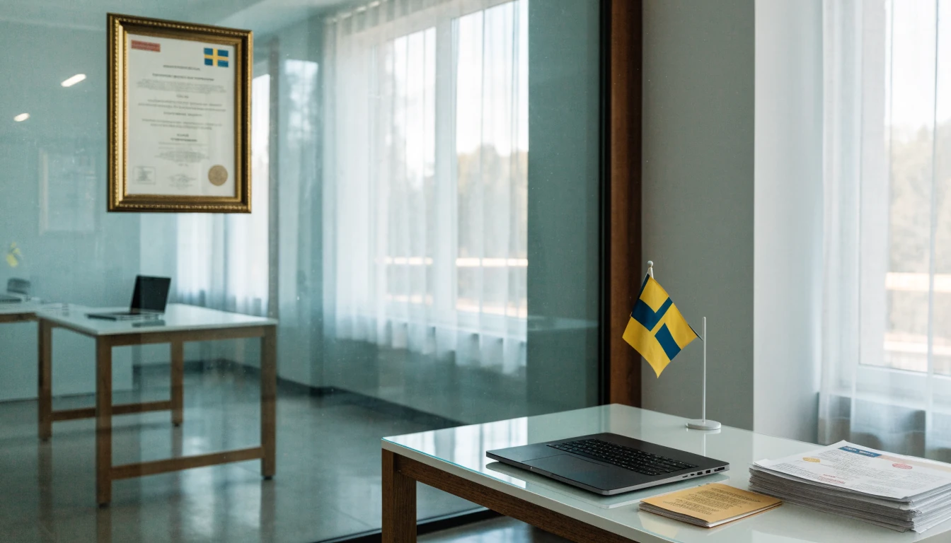Svenskt tillsynskontor med licensbevis och flagga