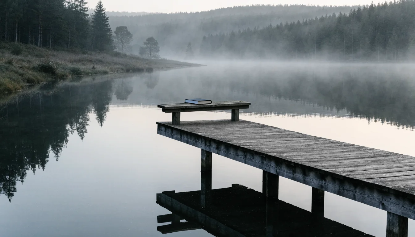 Dimmig svensk sjö med stängd anteckningsbok på bryggan