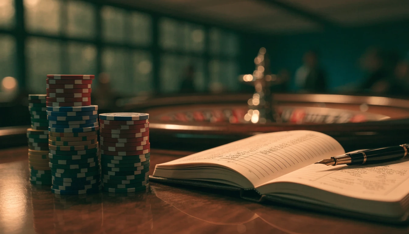 Elegant casinobord med marker, roulettehjul och jämförelseanteckningar