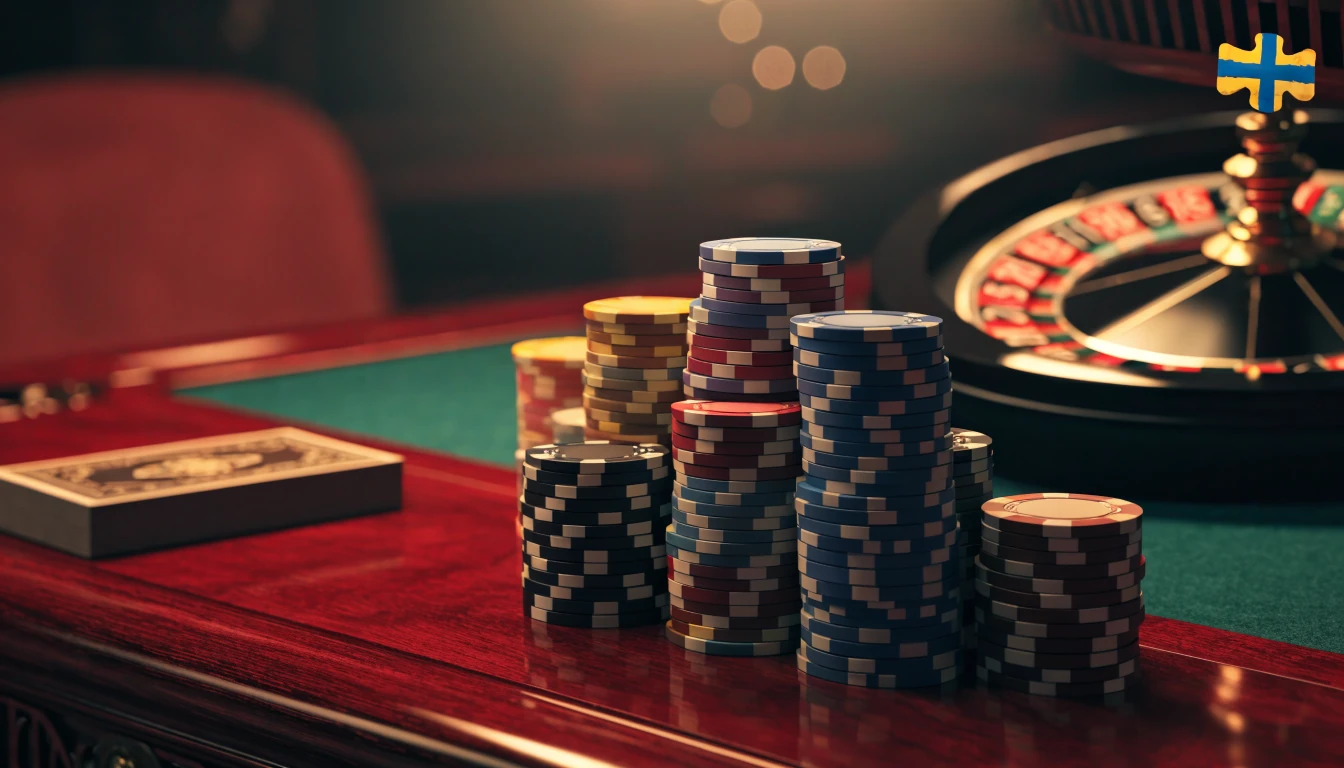 Elegant casinobord med färgglada marker, roulettehjul och kortlek i varm belysning