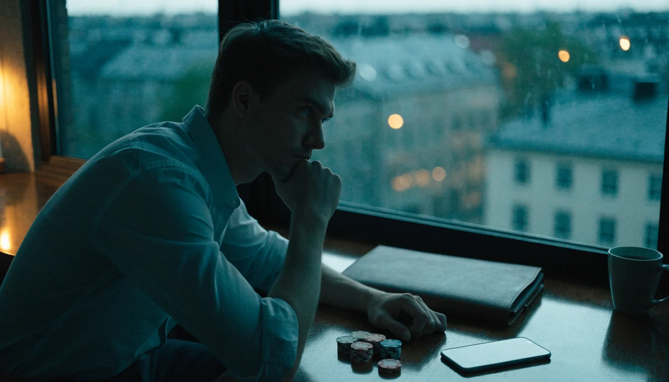 Ensam spelare vid bord med casinofärger och stängd telefon i skymning