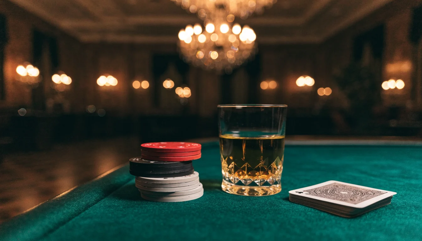 Elegant casinobord med kort, marker och whiskyglas i svensk lyxig atmosfär