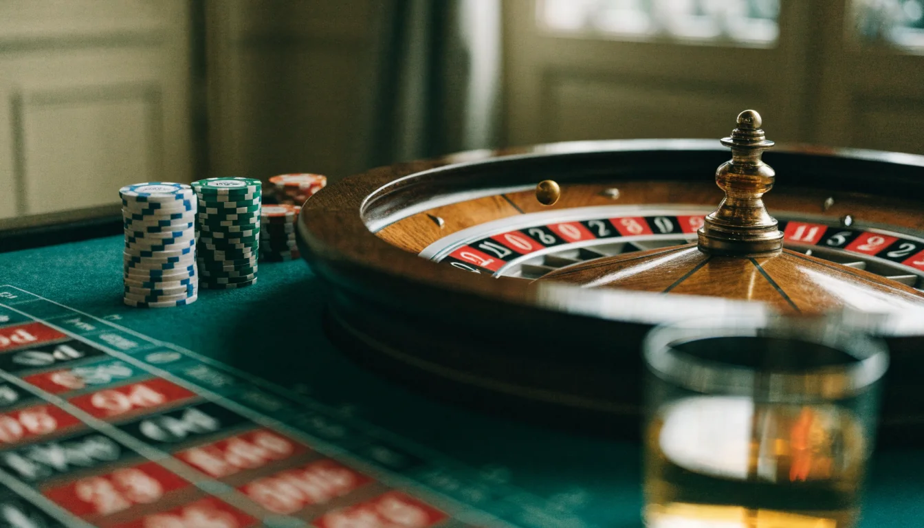 Elegant roulettebord med hjul och färgglada marker i skandinavisk casinomiljö