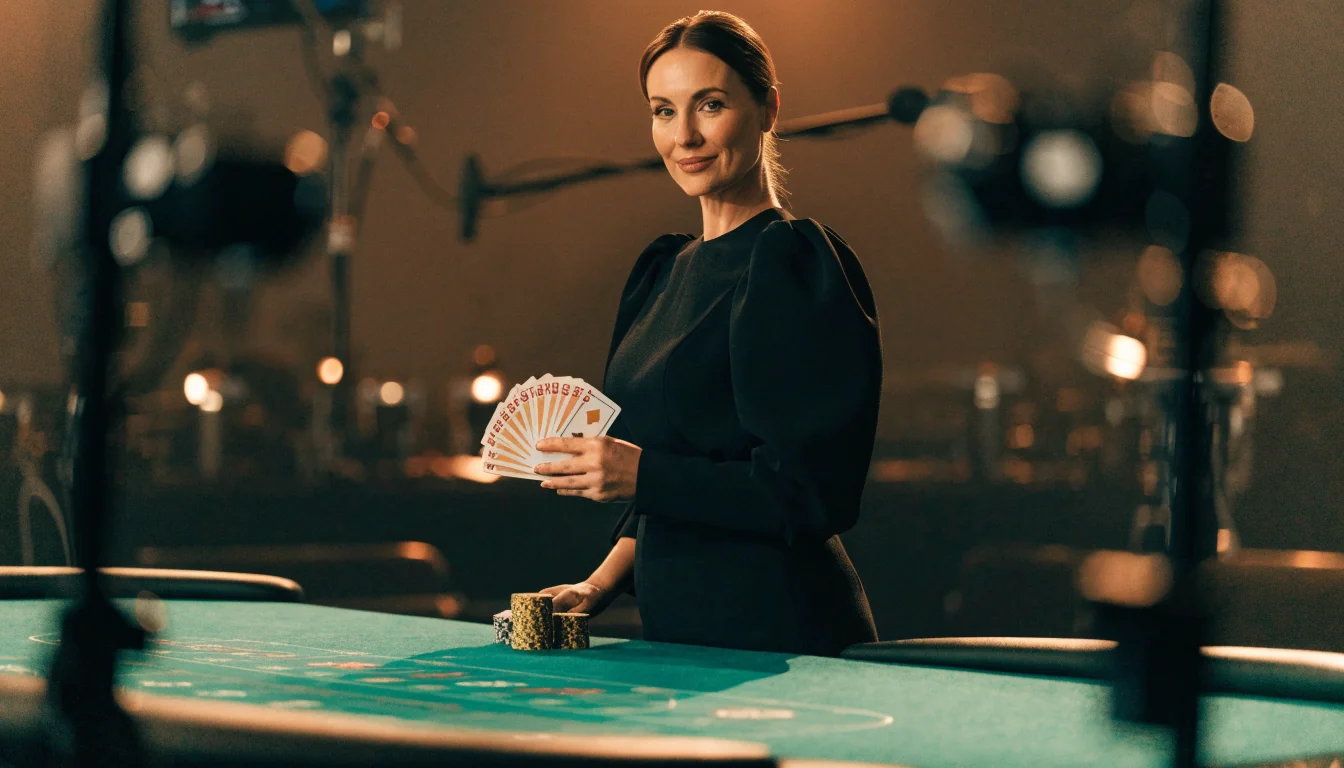 Live blackjack dealer vid ett grönt casino-bord i studiobelysning
