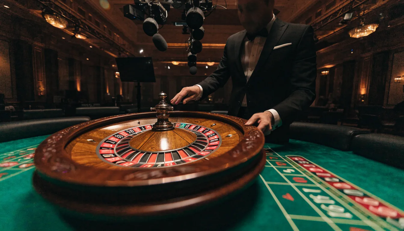 Live roulettebord med croupier och fysiskt hjul i ett elegant casinorum