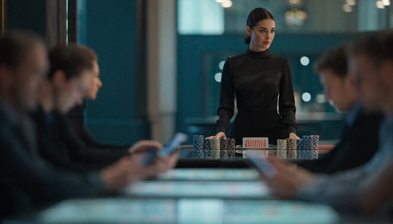 Professionell dealer vid ett blackjackbord i en modern livecasino-studio