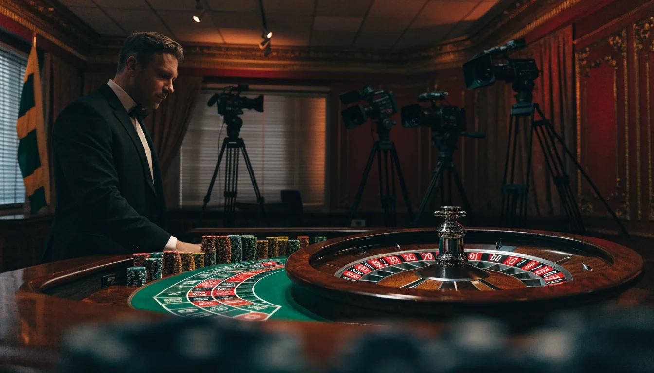 Professionell live dealer vid roulettebord i en lyxig casinostudio