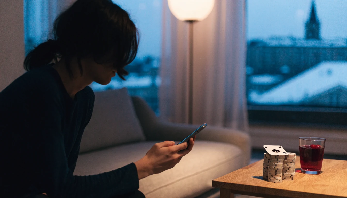 Person som håller en mobiltelefon i ett modernt vardagsrum med casinomark och svensk vinterutsikt.
