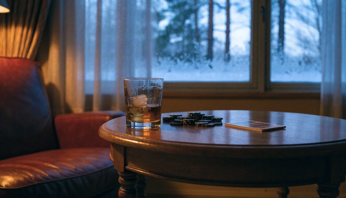 Mysigt svenskt rum med blackjackbord och snölandskap utanför fönstret