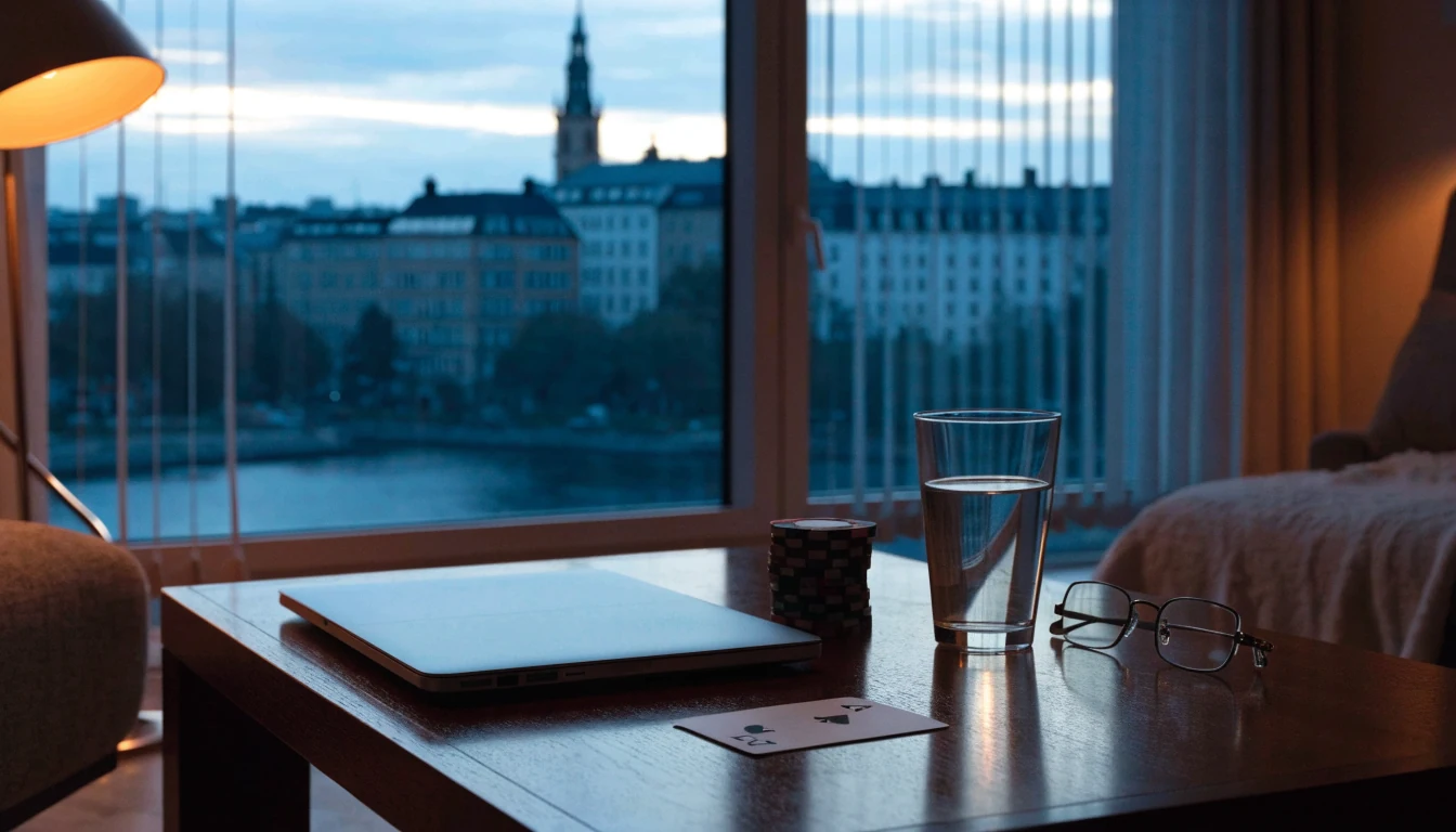 Svenskt vardagsrum med casinotema och stängd laptop