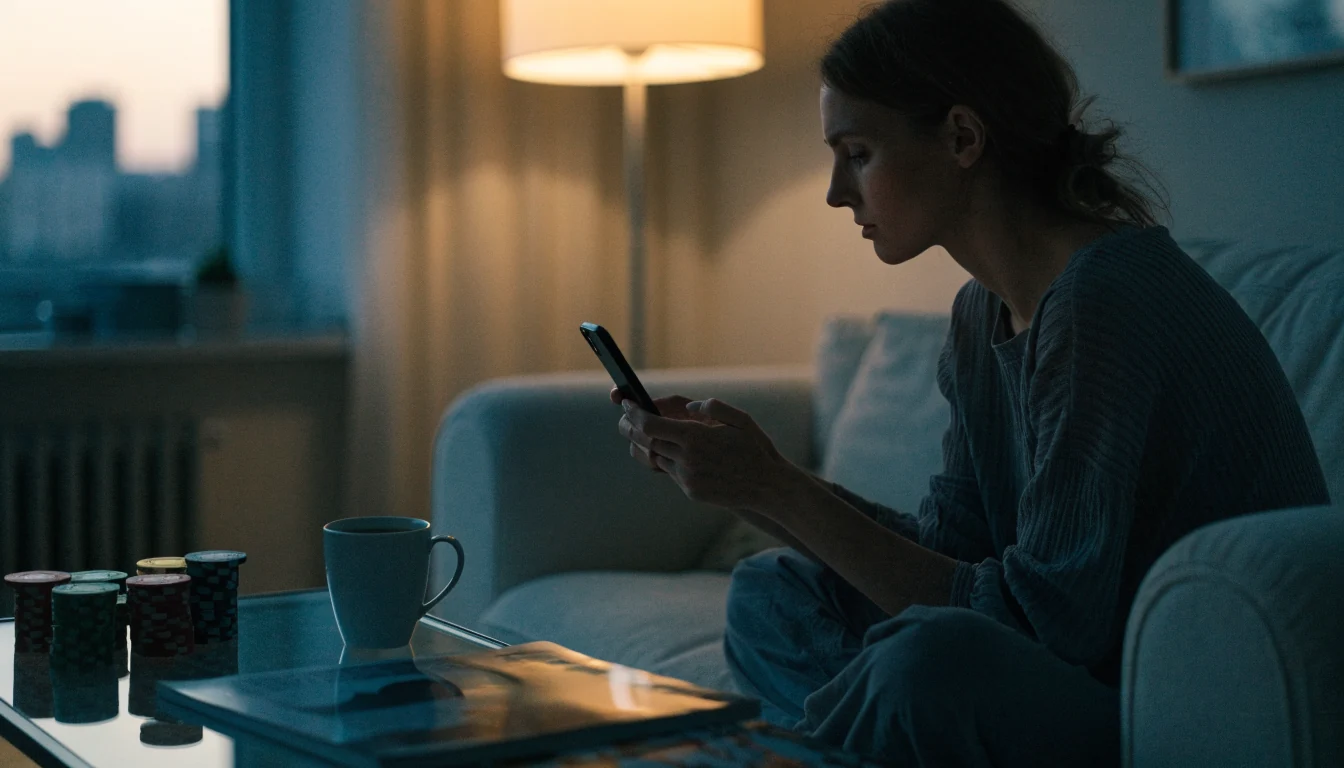 Svensk kvinna med smartphone i modern lägenhet, casinotema i bakgrunden