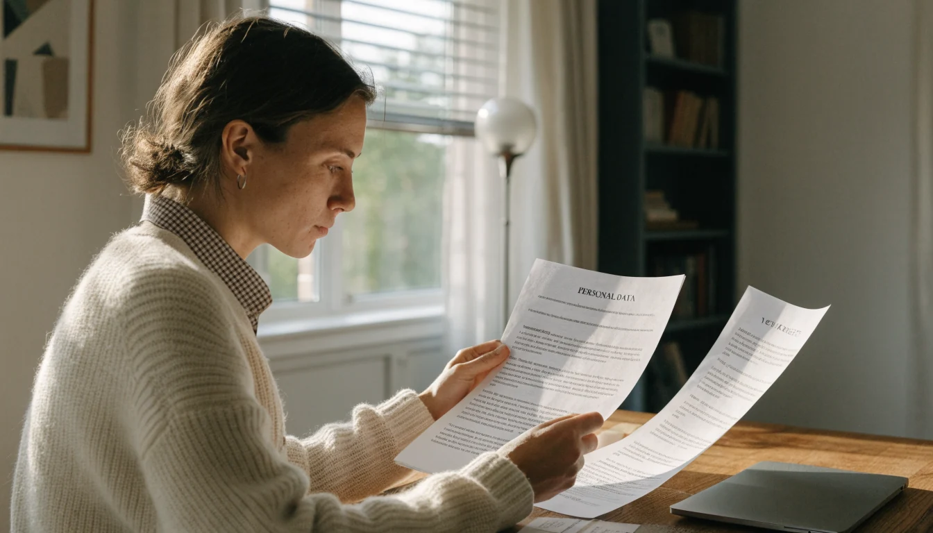 Person som läser integritetspolicy i ett lugnt skandinaviskt hem
